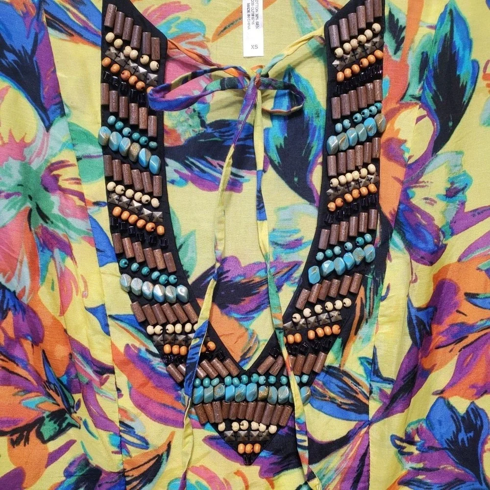 Nanette Lepore Silk Blend Paloma Beach Beaded Tunic Swim Cover Up Dress Women XS
